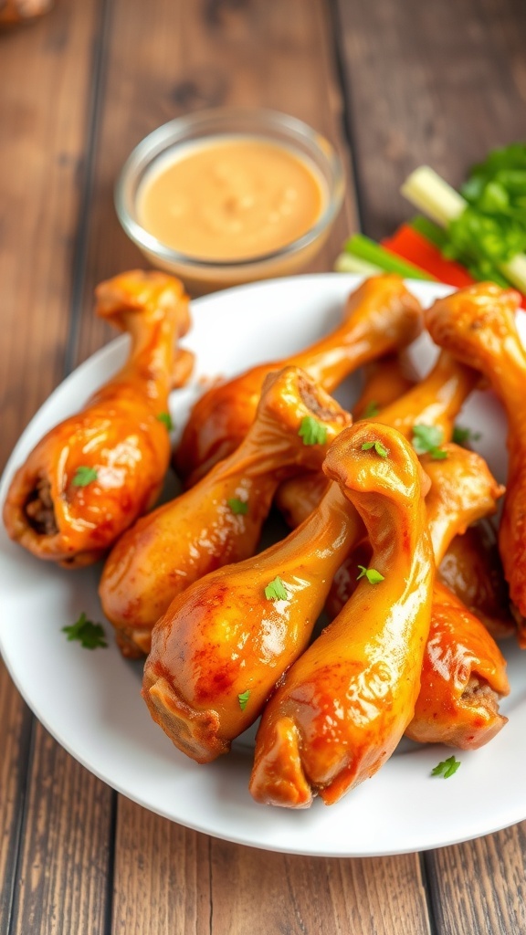 Crispy oven-baked chicken drumsticks on a plate, garnished with herbs, served with dipping sauce and vegetables.